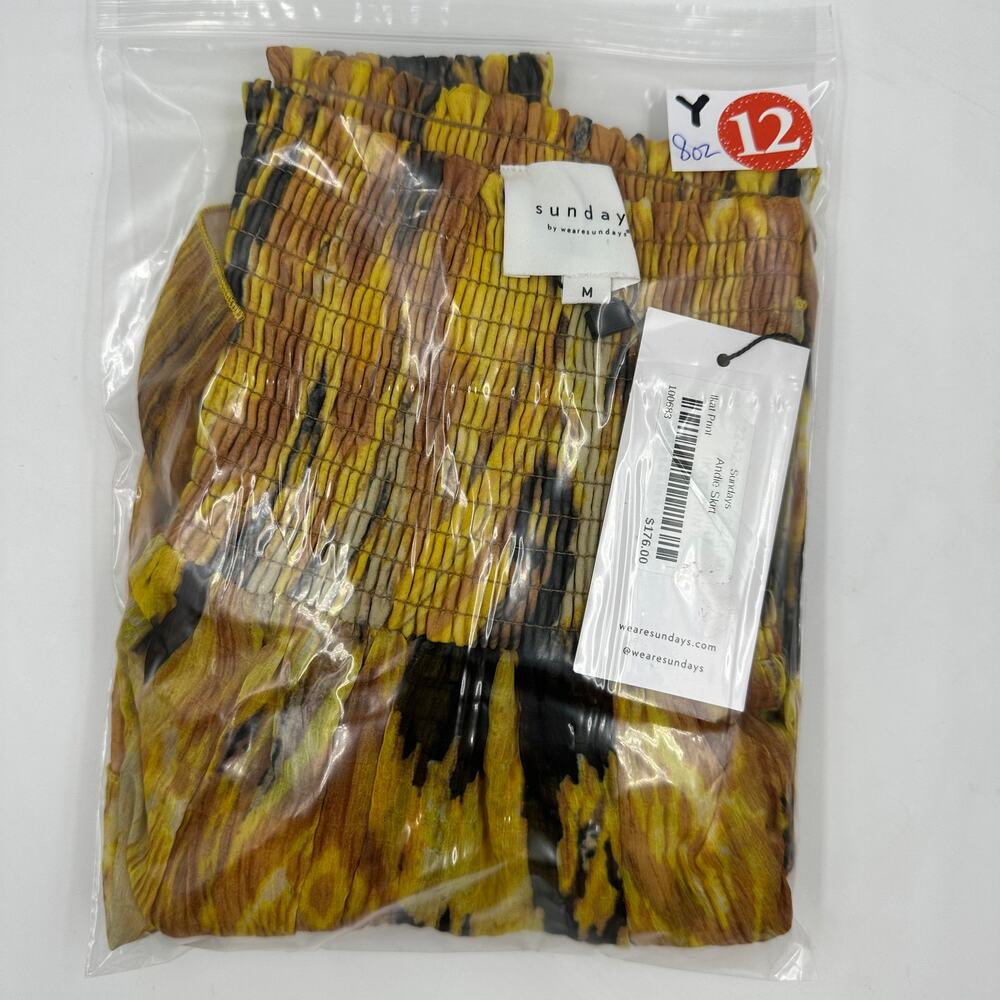Sundays Andie Smocked Mini Skirt Yellow Abstract Print Ruffle Hem M NWT Festival - Picture 8 of 8
